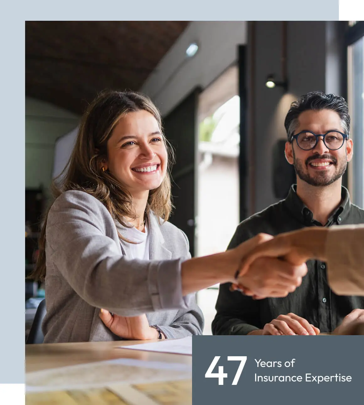 Smiling professionals shaking hands in office.